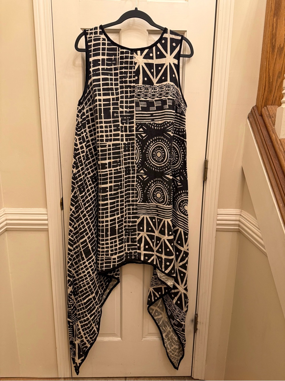 Ashro Black & Cream African Print Handkerchief Hem Dress Size L